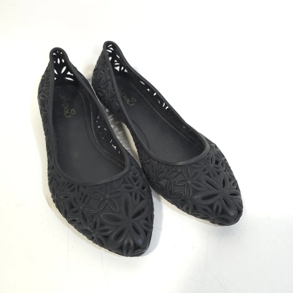 Black Floral Cutout Jelly Ballet Flats